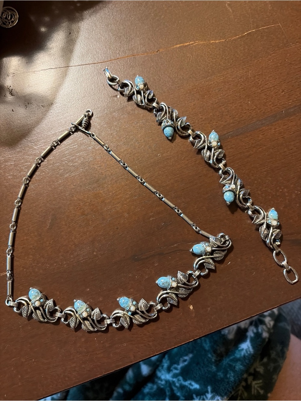 Vintage Mid-Century Silver Tone Faux Turquoise & Rhinestone Necklace and Bracele